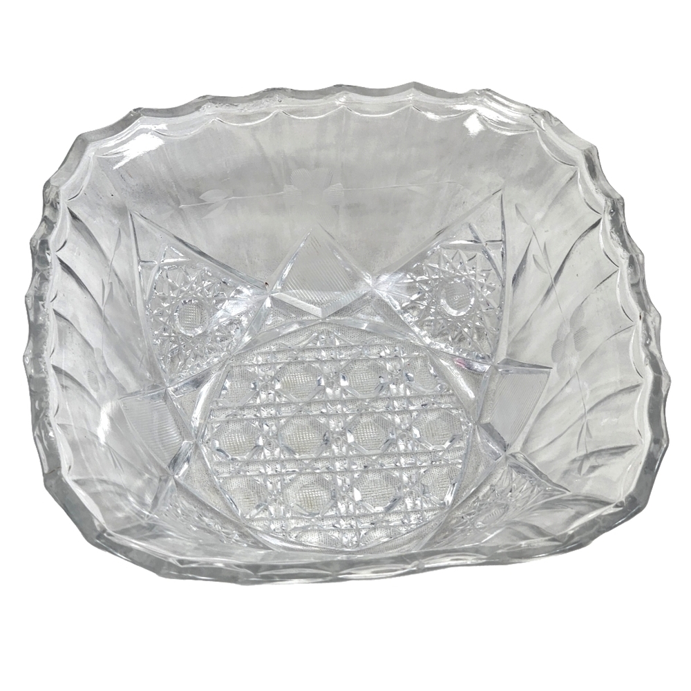 EAPG Square Glass Bowl Hobstar Waffle Block Base Floral Etched ABP Style 7.25"
